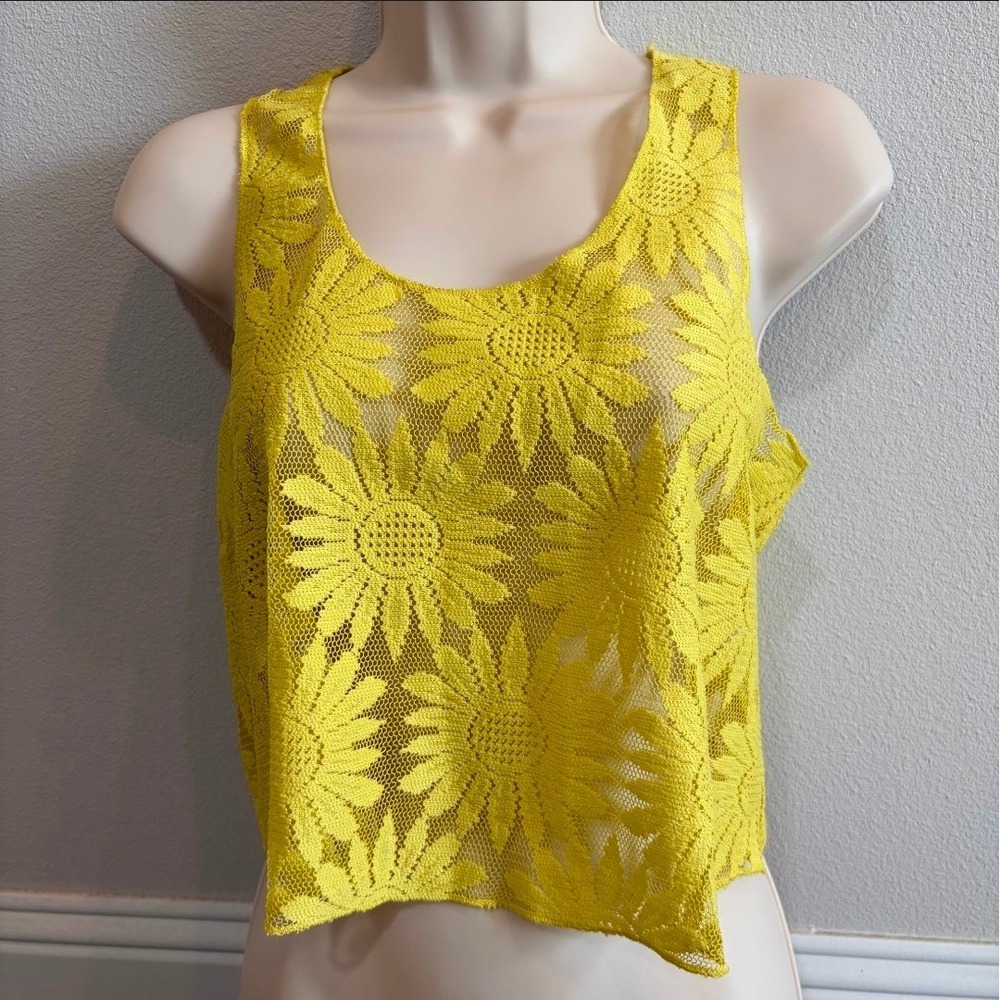 GB Sunflower‎ Lace Mesh Crop Top M Yellow Boho Festival Sheer